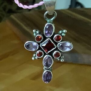 STERLING SILVER 925 GARNET AMETHYST MULTI-STONE CROSS PENDANT​​